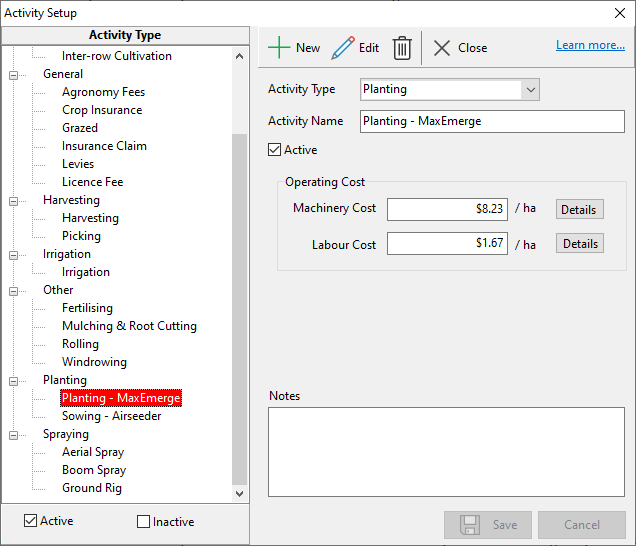 Activity setup with ACTIVE selection