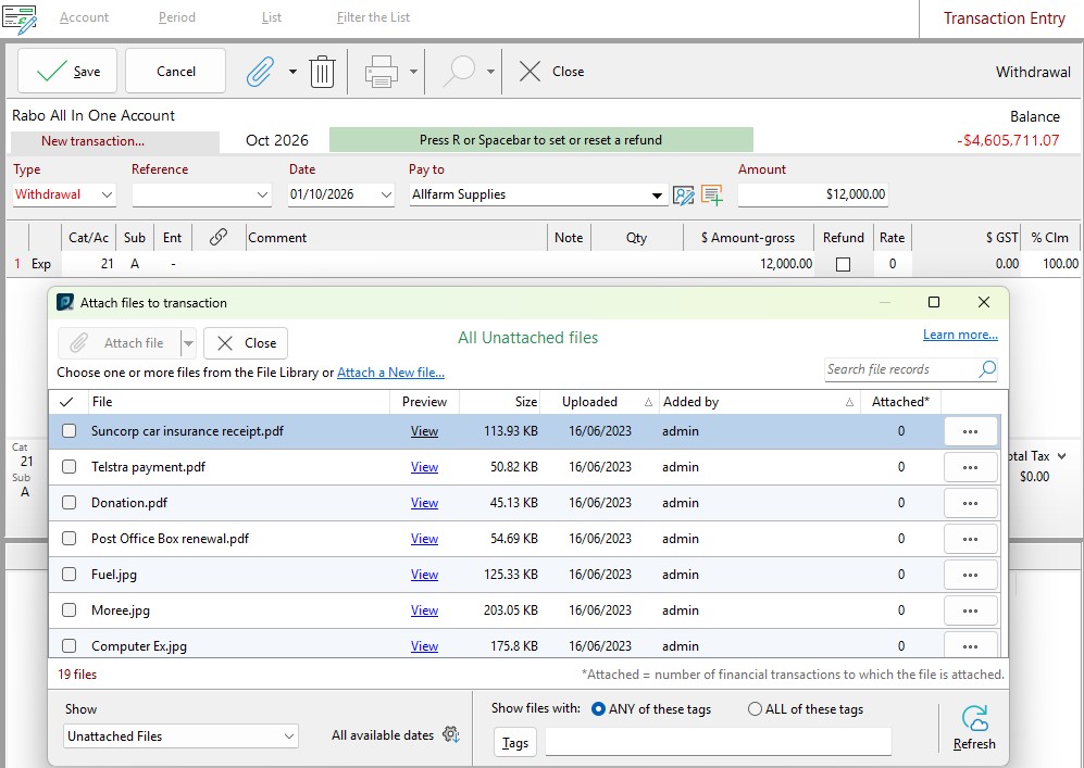 file library add to transaction